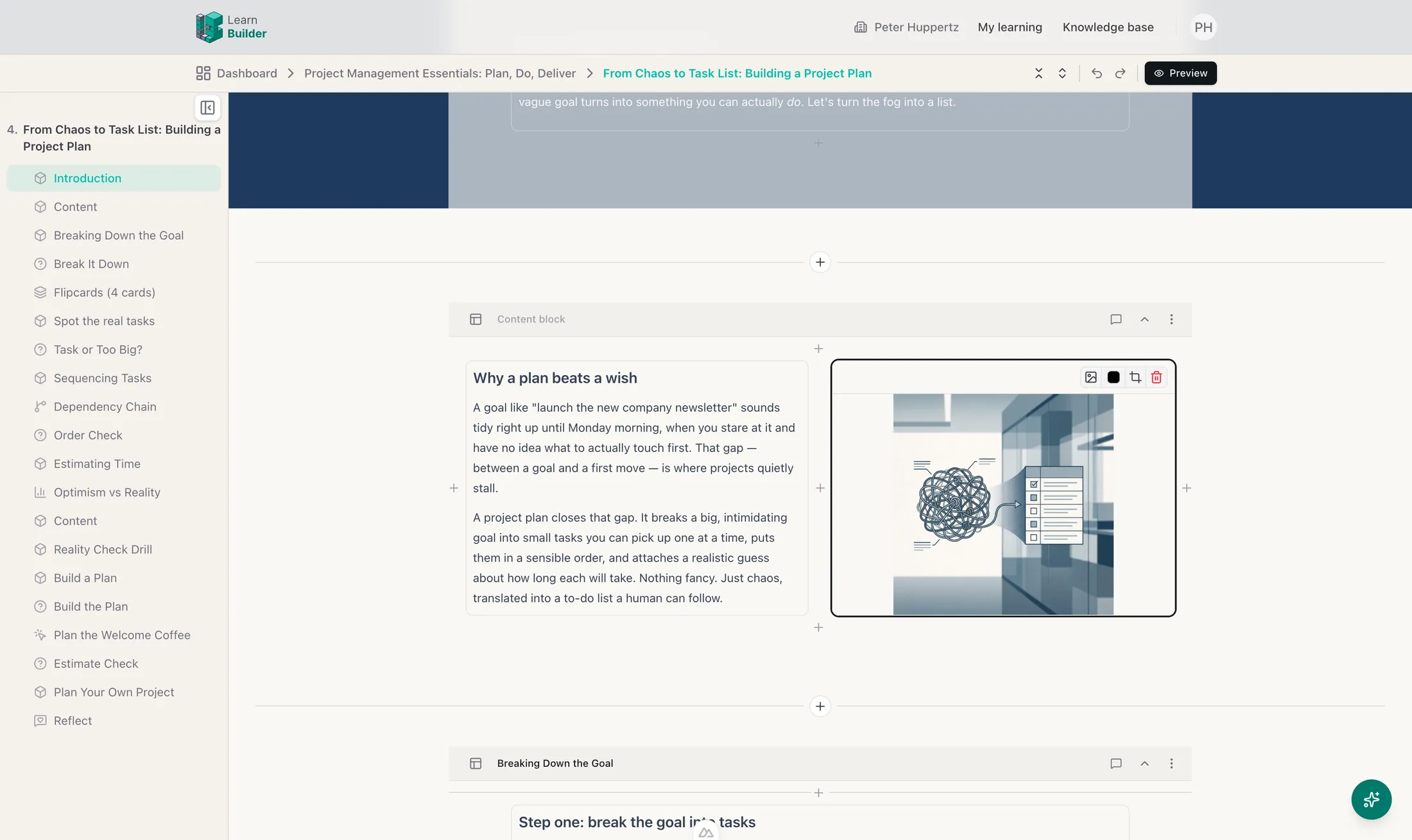 The LearnBuilder lesson editor: block outline on the left, a content block with text and an image on the canvas