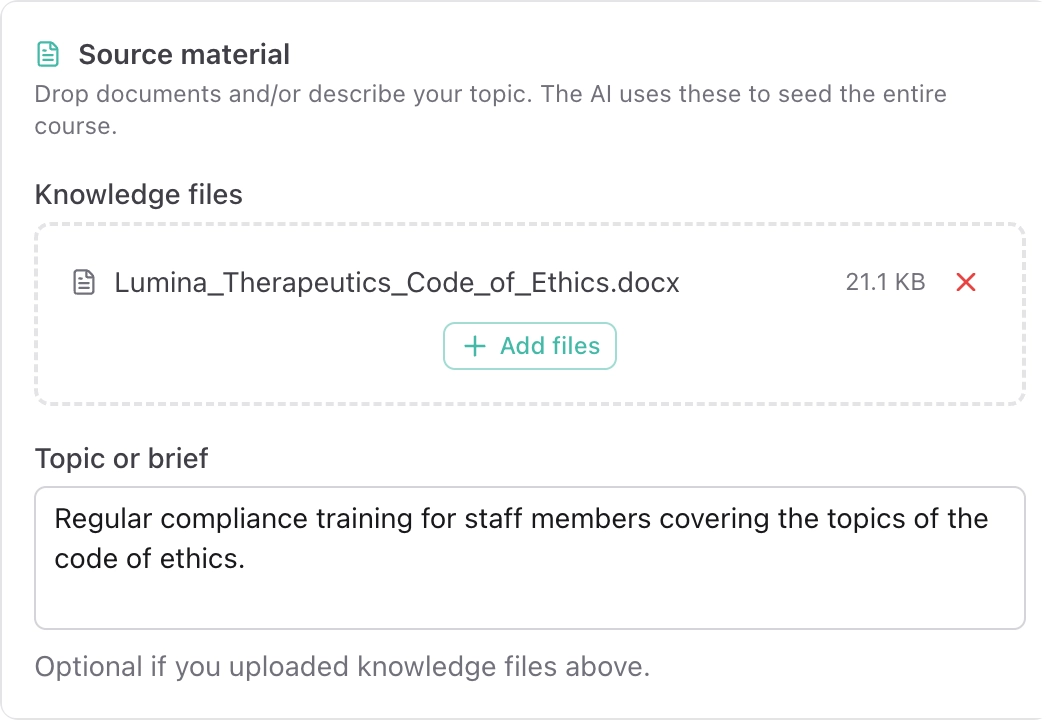 Upload materials and brief screen of the AI course designer