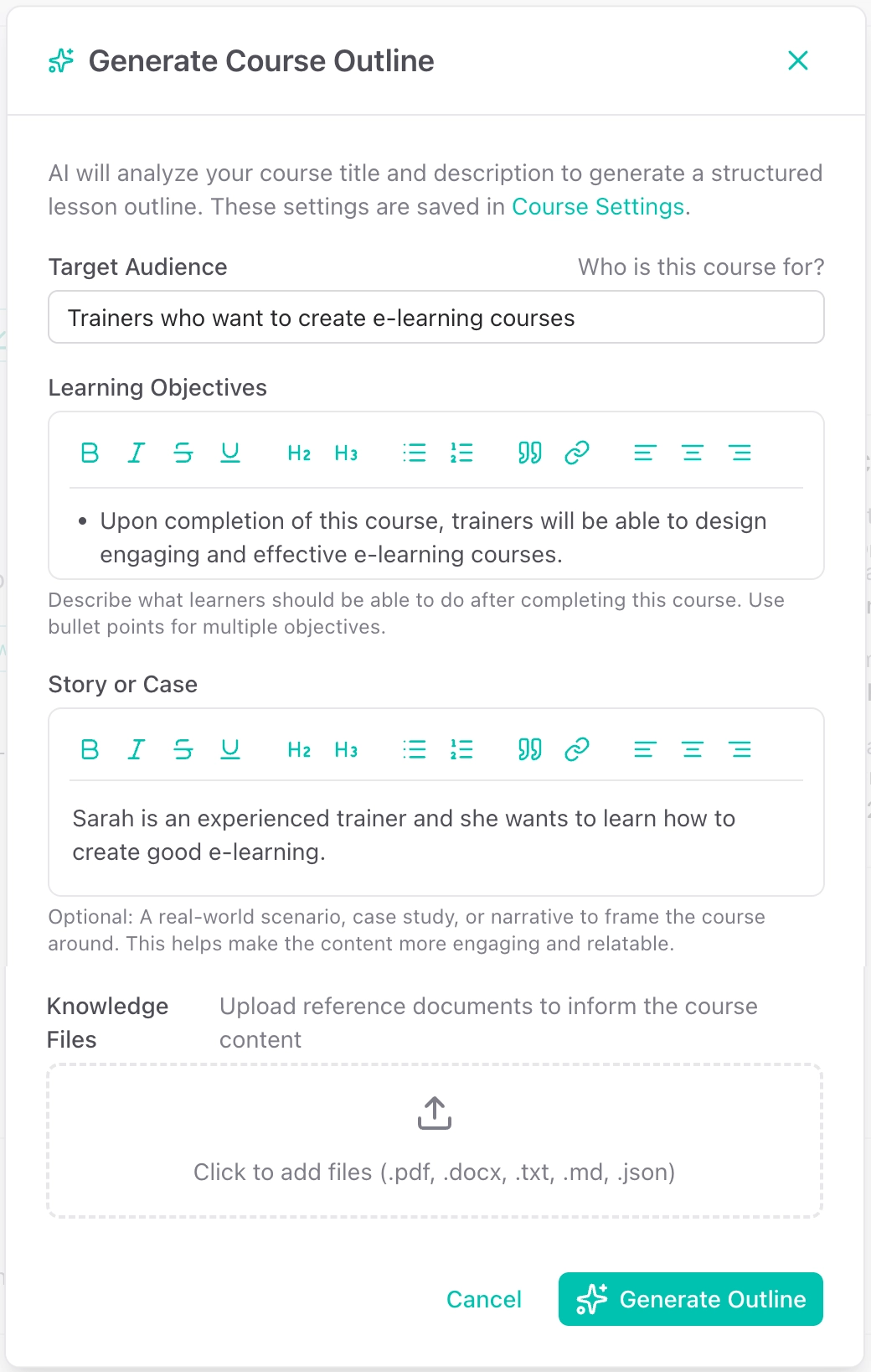 Define Learning Outcomes and Story